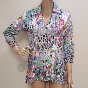 SNO SKINS KNIT BUTTON-FRONT TUNIC SHIRT COLLARED MULTICOLOR RUCHED SLEEVES sz S